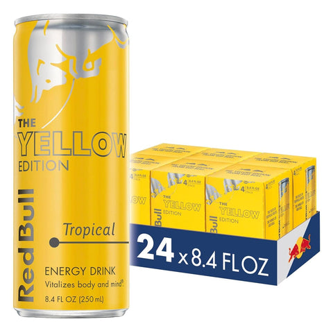 Red Bull Yellow Edition Energy Drink, Tropical, with 80mg Caffeine plus Taurine & B Vitamins, 8.4 Fl Oz, 6 Packs of 4 Cans (Pack of 24)