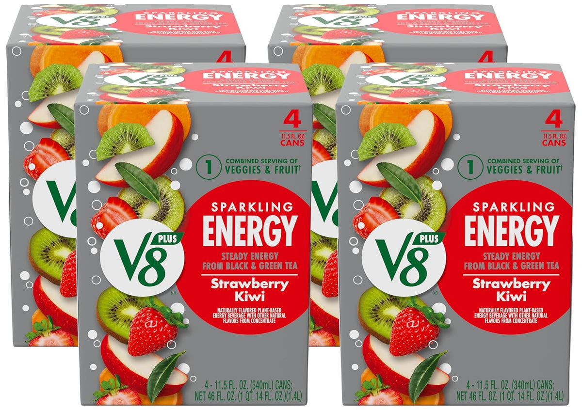 V8 +Energy Sparkling Strawberry Kiwi Juice Energy Drink, 11.5 fl oz Can (Pack of 16)