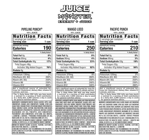Monster Energy  Variety Pack, Pipeline Punch, Mango Loco, Pacific Punch, Energy+Juice,  (Pack of 15)