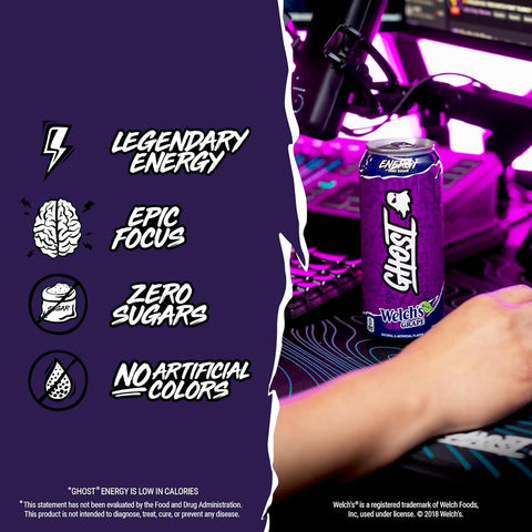 GHOST Energy Drink - 12-Pack, Welch's Grape, 16oz Cans - No Artificial Colors - 200mg of Natural Caffeine, L-Carnitine & Taurine - Gluten-Free & Vegan