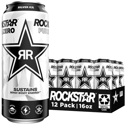 Rockstar Pure Zero Energy Drink, Silver Ice, 0 Sugar, with Caffeine and Taurine, 16oz Cans (Pack of 12) (Packaging May Vary)