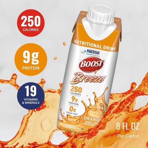 BOOST Breeze Clear Nutritional Drink - 250 Calories - 19 Vitamins & Minerals - 9 g Protein – Fortified Clear Nutritional Drink with Vitamin A & Zinc - Orange Flavor - 8 fl oz (Pack of 24)