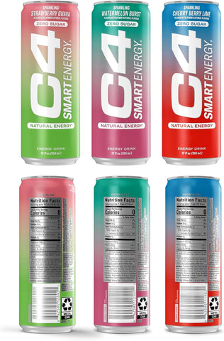 Cellucor C4 Smart Energy Drink Variety Pack, Strawberry Guava, Cherry Berry Lime, Watermelon, 15pk 12oz