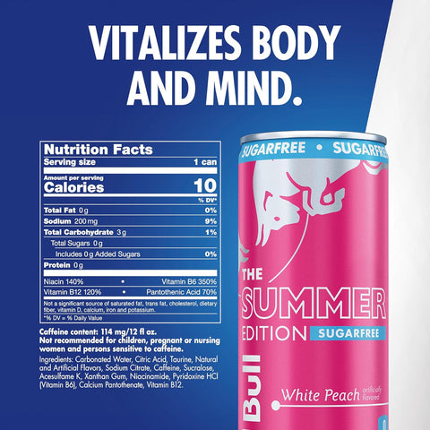 Red Bull Sugar-Free White Peach Summer Edition Energy Drink, with 114mg Caffeine plus Taurine & B Vitamins, 12 Fl Oz Can