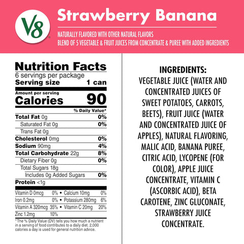 V8 Strawberry Banana 100% Fruit and Vegetable Juice, 8 fl oz Can (6 Pack) (Case of 4)