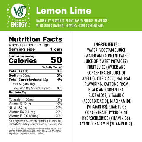 V8 +Energy Sparkling Lemon Lime Juice Energy Drink, 11.5 fl oz Can (Pack of 16)