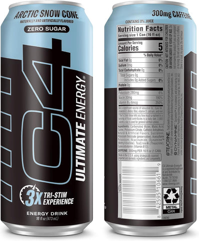 C4 Ultimate Sugar Free Energy Drink 16oz (Pack of 12) | Arctic Snow Cone | Pre Workout Performance Drink with No Artificial Colors or Dyes