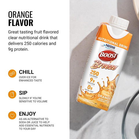BOOST Breeze Clear Nutritional Drink - 250 Calories - 19 Vitamins & Minerals - 9 g Protein – Fortified Clear Nutritional Drink with Vitamin A & Zinc - Orange Flavor - 8 fl oz (Pack of 24)