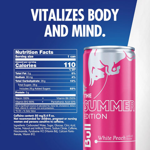 Red Bull Summer Edition Energy Drink, White Peach, 8.4 fl. oz., Case of 24 cans, with 80mg Caffeine, Taurine & B Vitamins