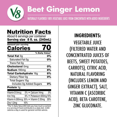 V8 Beet Ginger Lemon 100% Vegetable Juice, 46 fl oz Bottle