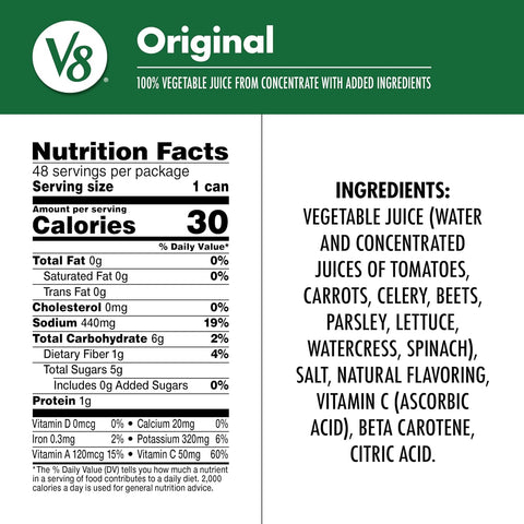 V8 Original 100% Vegetable Juice, 5.5 fl oz Can (48 Pack)