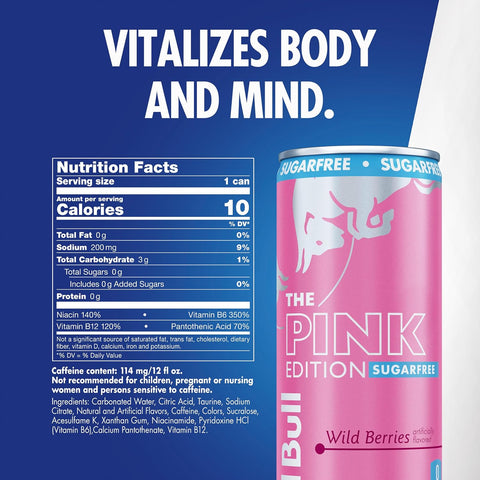 Red Bull Pink Edition Sugar Free Energy Drink, Wild Berries, 12 fl. oz., 6 x 4 Cans, Pack of 24 Cans, with 80mg Caffeine, Taurine & B Vitamins