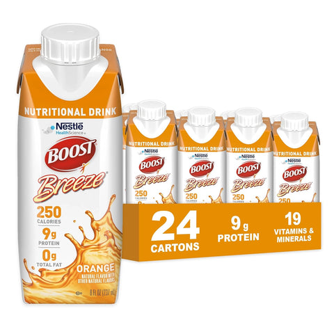 BOOST Breeze Clear Nutritional Drink - 250 Calories - 19 Vitamins & Minerals - 9 g Protein – Fortified Clear Nutritional Drink with Vitamin A & Zinc - Orange Flavor - 8 fl oz (Pack of 24)