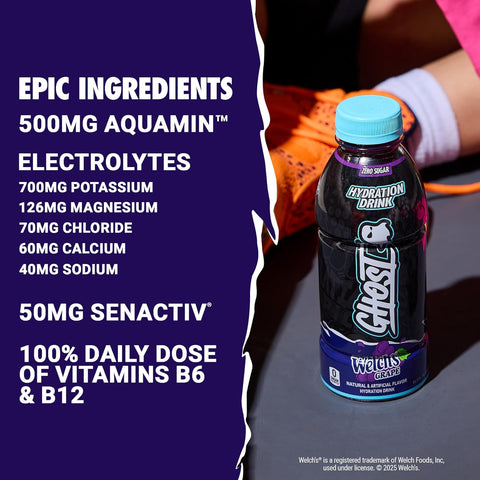 GHOST Hydration Drink, Welch’s Grape - RTD Sports Drink with Electrolytes, Natural Vitamins