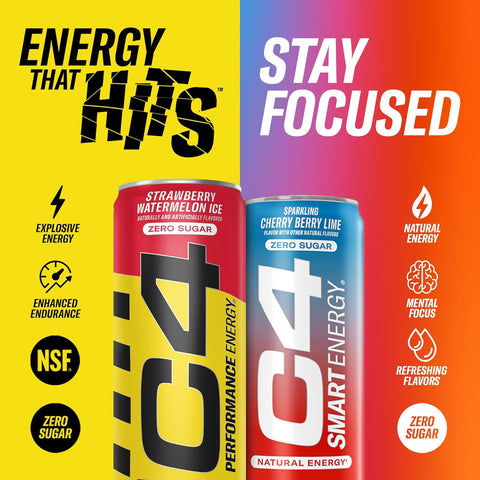 C4 Energy & Smart Energy Drinks Variety Pack, Sugar Free Pre Workout Performance Drink & C4 Energy Drink 16oz (Pack of 12)