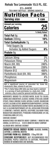 Monster Energy Rehab Tea + Lemonade + Energy, Energy Iced Tea,  (Pack of 15)
