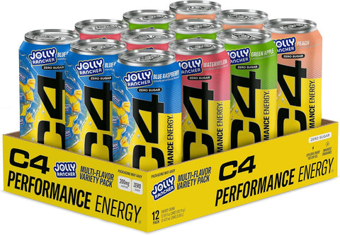Cellucor C4 Performance Energy Drink | JOLLY RANCHER Variety Pack | Zero Sugar Carbonated Preworkout Energy | 200mg Caffeine with Beta Alanine | 16 Fl Oz (12 Pack)
