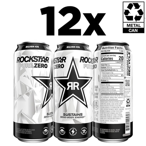 Rockstar Pure Zero Energy Drink, Silver Ice, 0 Sugar, with Caffeine and Taurine, 16oz Cans (Pack of 12) (Packaging May Vary)