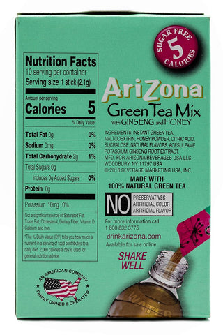 AriZona Green Tea with Ginseng Sugar Free Iced Tea Stix, Low Calorie Single Serving Drink Powder Packets, 10 Count (Pack of 12)